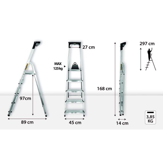 Drabest - Haushaltsleiter - Stehleiter - 5 Stufen - Arbeitshöhe 2,97m - Klappleiter aus Aluminium, max. 125 kg, mit Praktischer Ablage - Aluleiter mit Plattform 25x26 cm, rutschfeste Füßen