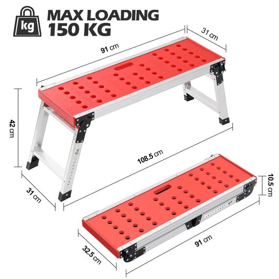 KINGRACK Klappbare Arbeitsplattform, Aluminium Stufenleiter Plattformleiter mit rutschfesten Gummifüßen, leichte Stufenleiter mit Sicherheitsschlössern für Haus und Garage - maximale Belastung 150 kg