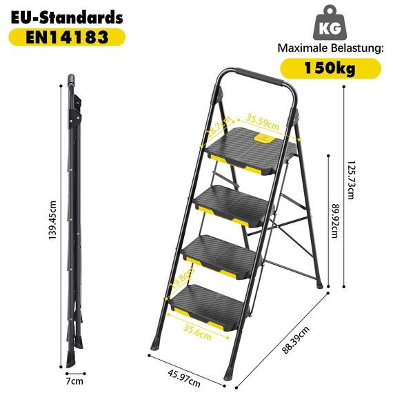 KINGRACK Leiter 4 Stufen, trittleiter 4 Stufen klappbar, mit rutschfestem, breitem Pedal und Handläufen, leichte Haushaltsleiter für Ihre Küche, Speisekammer, Schränke, Büro (Schwarz)