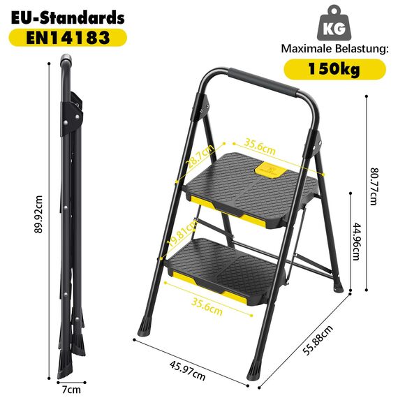 KINGRACK trittleiter 2 Stufen klappbar, klapptritt 2 Stufen faltbar, tritthocker mit rutschfestem, breitem Pedal und Handläufen, leichte klappleiter für Küche, Vorratskammer, Schränke, Büro (Schwarz)