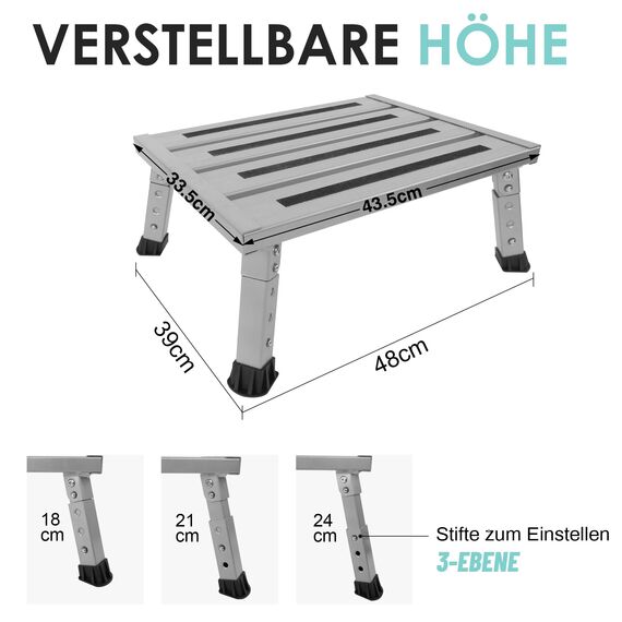 ILOKNZI Aluminium Klapptritt Trittleiter 1 stufe Arbeitsplattform Wohnmobiltrittstufen Max Belastung 350 kg für Camping/Autowäsche/Küche, faltbare, höhenverstellbare Hockerleiter mit Anti-Rutsch-Matte