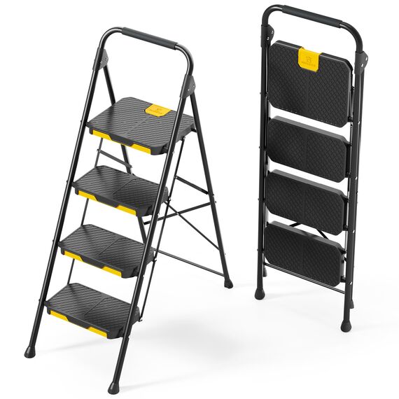 KINGRACK Leiter 4 Stufen, trittleiter 4 Stufen klappbar, mit rutschfestem, breitem Pedal und Handläufen, leichte Haushaltsleiter für Ihre Küche, Speisekammer, Schränke, Büro (Schwarz)