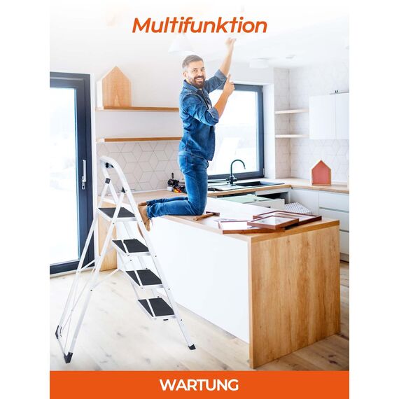 HOUSE DAY Trittleiter - Leiter 4 Stufen Trittleiter Klappbar mit Griff,Stehleiter für Küchen Haus Außen Erwachsende,rutschfest Klapptritt für Haushalt und Büro,Leiter Klappbar Belastung bis 150 kg