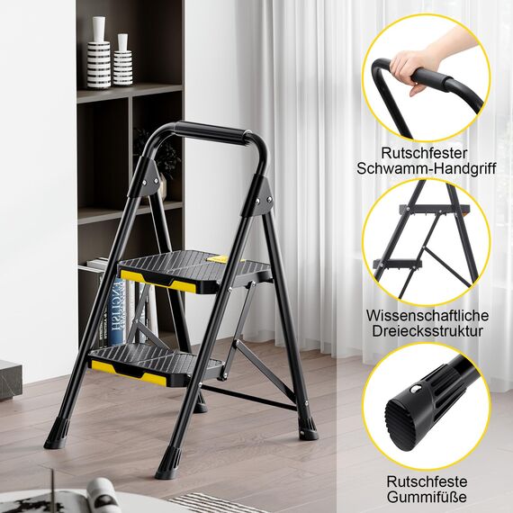 KINGRACK trittleiter 2 Stufen klappbar, klapptritt 2 Stufen faltbar, tritthocker mit rutschfestem, breitem Pedal und Handläufen, leichte klappleiter für Küche, Vorratskammer, Schränke, Büro (Schwarz)