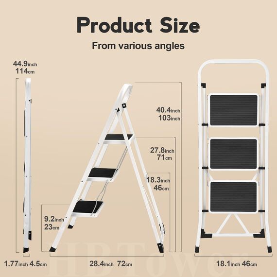HBTower Trittleiter 3 Stufen klappbar, Trittleiter mit Anti-Rutsch-Pedal, Tragbare Robuste Tritthocker mit Handläufen, Perfekt für Küche & Haushalt, 150kg Kapazität, Weiß