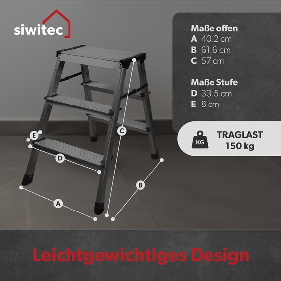 siwitec Trittleiter 2 x 3 Stufen, Alu Klapptritt, leichte Aluminium Leiter beidseitig begehbar, Haushaltsleiter bis 150 kg belastbar, Stufenleiter TÜV Zertifiziert, Aluleiter 3 Stufen