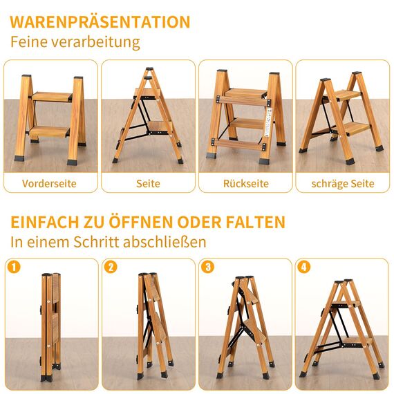 KULACO Trittleiter 2 Stufen klappbar, Aluminium Klappleiter, Tragbare Stufenleiter, rutschfeste Haushaltsleiter, Multifunktionsleiter Holzmaserung Design für Haus und Camping, Belastbar bis 150 kg