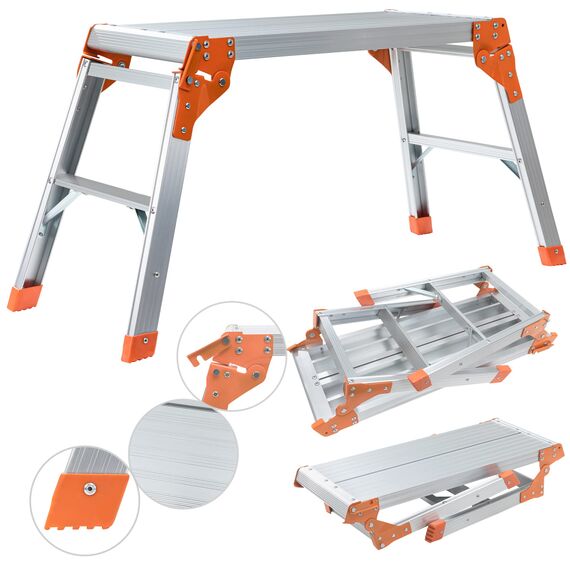 ???????????????????????????????????? Arbeitsplattform CF-107A | ???? ???????????????????? ???????????????????????????????? - Alu Leiter - Klappbar - Bis 150 kg - Arbeitsbühne mit Plattform - Trittleiter - Werkbank - Klappleiter (Silber/Orange)
