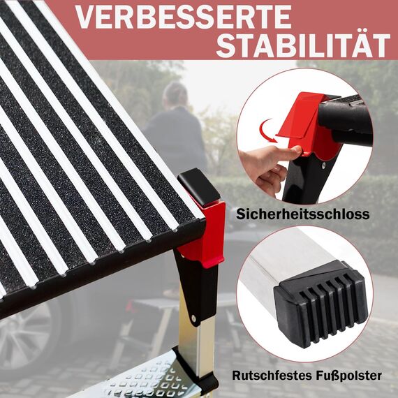 XinSunho Alu Arbeitsplattform, Klappbare Stufenleiter bis 150 kg, Klappleiter mit Sicherheitsschlössern, rutschfeste Trittfläche, Trittleiter, Pro Work Plattform Leiter für Haus & Werkstatt