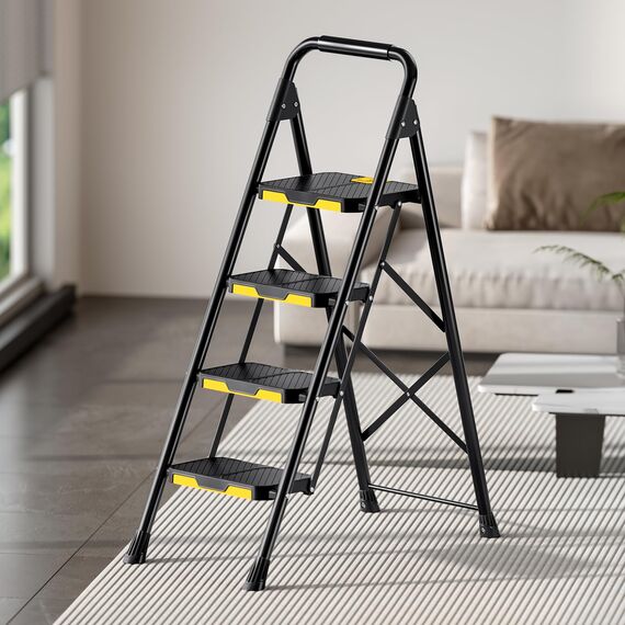 KINGRACK Leiter 4 Stufen, trittleiter 4 Stufen klappbar, mit rutschfestem, breitem Pedal und Handläufen, leichte Haushaltsleiter für Ihre Küche, Speisekammer, Schränke, Büro (Schwarz)