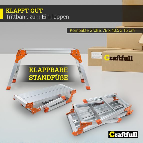 ???????????????????????????????????? Arbeitsplattform CF-107A | ???? ???????????????????? ???????????????????????????????? - Alu Leiter - Klappbar - Bis 150 kg - Arbeitsbühne mit Plattform - Trittleiter - Werkbank - Klappleiter (Silber/Orange)