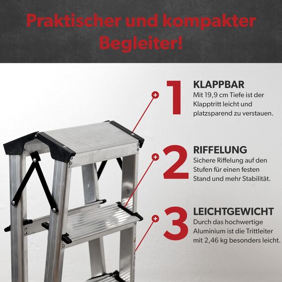 siwitec Trittleiter 2 x 3 Stufen, Alu Klapptritt, leichte Aluminium Leiter beidseitig begehbar, Haushaltsleiter bis 150 kg belastbar, Stufenleiter TÜV Zertifiziert, Aluleiter 3 Stufen