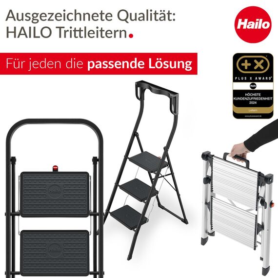 Hailo K100 Topline Alu-Klapptritt-Leiter - 2 extra große Stufen bis 150kg - Komfort-Trittleiter mit hochgeschwungenem Sicherheitsbügel & Ablageschale - Füße mit Soft-Grip-Sohle - rostfrei - Silber