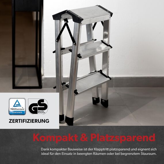 siwitec Trittleiter 2 x 3 Stufen, Alu Klapptritt, leichte Aluminium Leiter beidseitig begehbar, Haushaltsleiter bis 150 kg belastbar, Stufenleiter TÜV Zertifiziert, Aluleiter 3 Stufen