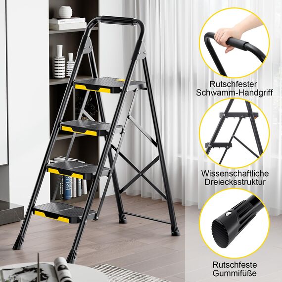 KINGRACK Leiter 4 Stufen, trittleiter 4 Stufen klappbar, mit rutschfestem, breitem Pedal und Handläufen, leichte Haushaltsleiter für Ihre Küche, Speisekammer, Schränke, Büro (Schwarz)