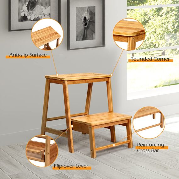 GIANTEX Tritthocker 2 Stufen, Leiterstuhl Massivholz klappbar, Trittleiter Trittstuhl 45x33x48 cm, Hocker Leiter Holz Holzleiter Tritt, Klapptreppe Haushaltstritt klein, Klappstufen Bambus (Walnuss)