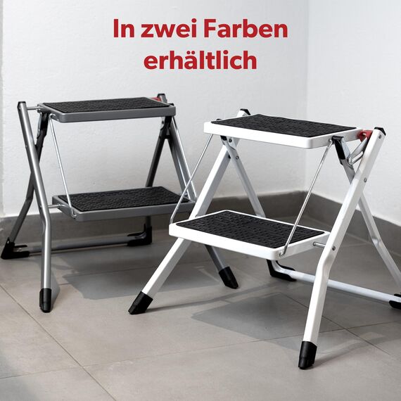 siwitec Mini Klapptritt 2 Stufen, Faltbare Leiter, Tritthocker bis zu 150 kg belastbar, Trittleiter mit extra Breiten Stufen, Haushaltsleiter in Weiß aus Stahl, TÜV/GS Zertifiziert