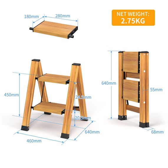 KULACO Trittleiter 2 Stufen klappbar, Aluminium Klappleiter, Tragbare Stufenleiter, rutschfeste Haushaltsleiter, Multifunktionsleiter Holzmaserung Design für Haus und Camping, Belastbar bis 150 kg