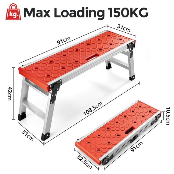 KINGRACK Klappbare Arbeitsplattform, Aluminium Stufenleiter Plattformleiter mit rutschfesten Gummifüßen, leichte Stufenleiter mit Sicherheitsschlössern für Haus und Garage - maximale Belastung 150 kg