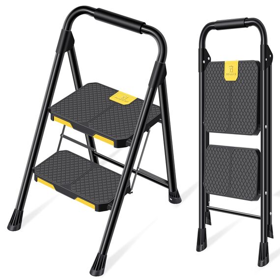 KINGRACK trittleiter 2 Stufen klappbar, klapptritt 2 Stufen faltbar, tritthocker mit rutschfestem, breitem Pedal und Handläufen, leichte klappleiter für Küche, Vorratskammer, Schränke, Büro (Schwarz)
