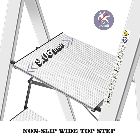 KINGRACK Leiter Aluminium, Trittleiter 4 stufen klappbar, leiter 4 stufen mit Handlauf, rutschfeste Haushaltsleiter mit Klappsicherung, Aluleiter Belastbar bis 150 kg, für Zuhause, Büro, Garten,Silber