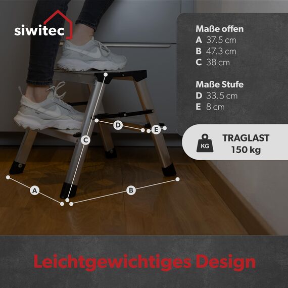 siwitec Trittleiter 2 x 2 Stufen, Alu Klapptritt, leichte Aluminium Leiter beidseitig begehbar, Haushaltsleiter bis 150 kg belastbar, Stufenleiter TÜV Zertifiziert