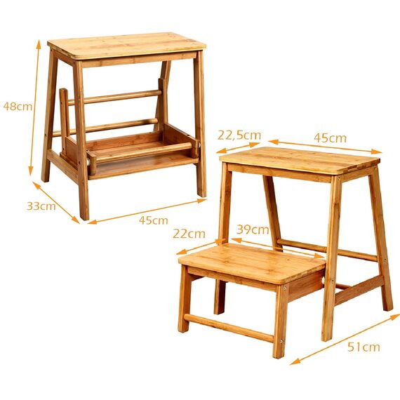 GIANTEX Tritthocker 2 Stufen, Leiterstuhl Massivholz klappbar, Trittleiter Trittstuhl 45x33x48 cm, Hocker Leiter Holz Holzleiter Tritt, Klapptreppe Haushaltstritt klein, Klappstufen Bambus (Walnuss)