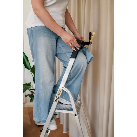 Drabest - Haushaltsleiter - Stehleiter - 5 Stufen - Arbeitshöhe 2,97m - Klappleiter aus Aluminium, max. 125 kg, mit Praktischer Ablage - Aluleiter mit Plattform 25x26 cm, rutschfeste Füßen