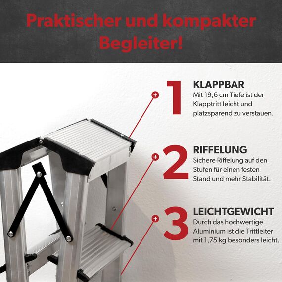 siwitec Trittleiter 2 x 2 Stufen, Alu Klapptritt, leichte Aluminium Leiter beidseitig begehbar, Haushaltsleiter bis 150 kg belastbar, Stufenleiter TÜV Zertifiziert