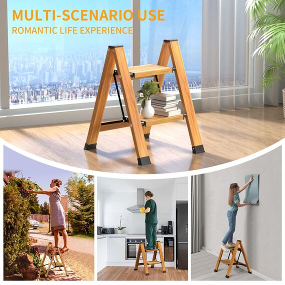KULACO Trittleiter 2 Stufen klappbar, Aluminium Klappleiter, Tragbare Stufenleiter, rutschfeste Haushaltsleiter, Multifunktionsleiter Holzmaserung Design für Haus und Camping, Belastbar bis 150 kg