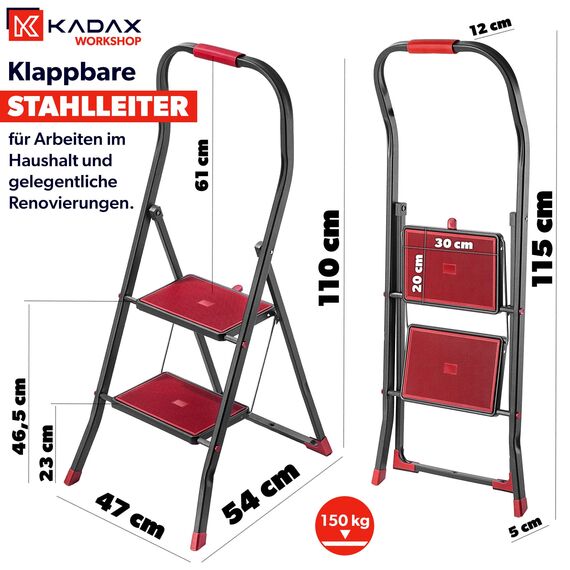 KADAX Klappbare Stahlleiter, 2-stufige Trittleiter mit rutschfesten Stufen, Traglast bis 150 kg, schwarz-rot, mit Klappsicherung und Handlauf