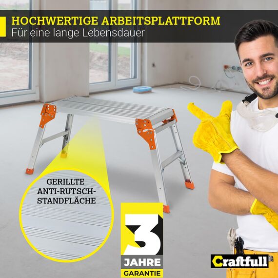 ???????????????????????????????????? Arbeitsplattform CF-107A | ???? ???????????????????? ???????????????????????????????? - Alu Leiter - Klappbar - Bis 150 kg - Arbeitsbühne mit Plattform - Trittleiter - Werkbank - Klappleiter (Silber/Orange)