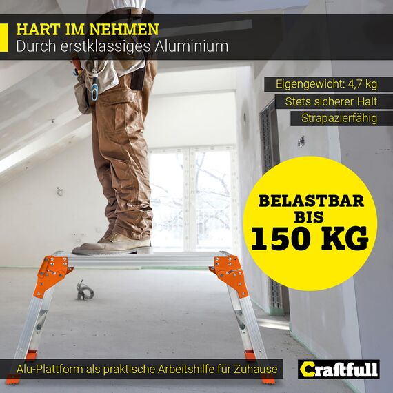 ???????????????????????????????????? Arbeitsplattform CF-107A | ???? ???????????????????? ???????????????????????????????? - Alu Leiter - Klappbar - Bis 150 kg - Arbeitsbühne mit Plattform - Trittleiter - Werkbank - Klappleiter (Silber/Orange)