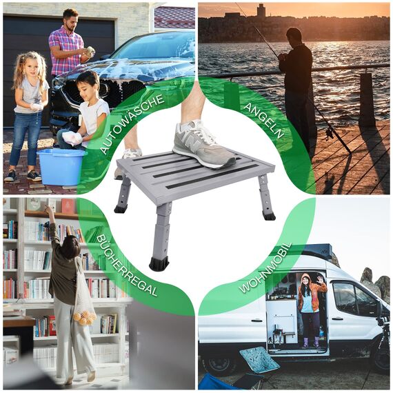 ILOKNZI Aluminium Klapptritt Trittleiter 1 stufe Arbeitsplattform Wohnmobiltrittstufen Max Belastung 350 kg für Camping/Autowäsche/Küche, faltbare, höhenverstellbare Hockerleiter mit Anti-Rutsch-Matte