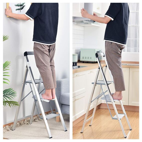 KINGRACK Leiter Aluminium, Trittleiter 3 stufen klappbar, leiter 3 stufen mit Handlauf Belastbar bis 150 kg, rutschfeste Haushaltsleiter mit Klappsicherung, Aluleiter für Zuhause, Büro, Garten, Silber