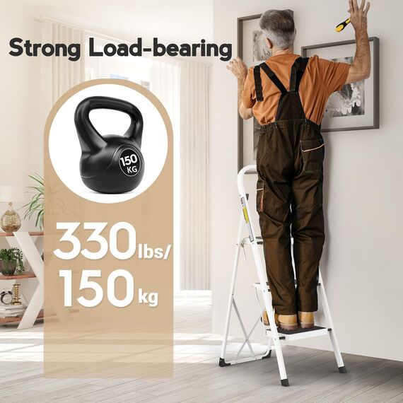 HBTower Trittleiter 3 Stufen klappbar, Trittleiter mit Anti-Rutsch-Pedal, Tragbare Robuste Tritthocker mit Handläufen, Perfekt für Küche & Haushalt, 150kg Kapazität, Weiß