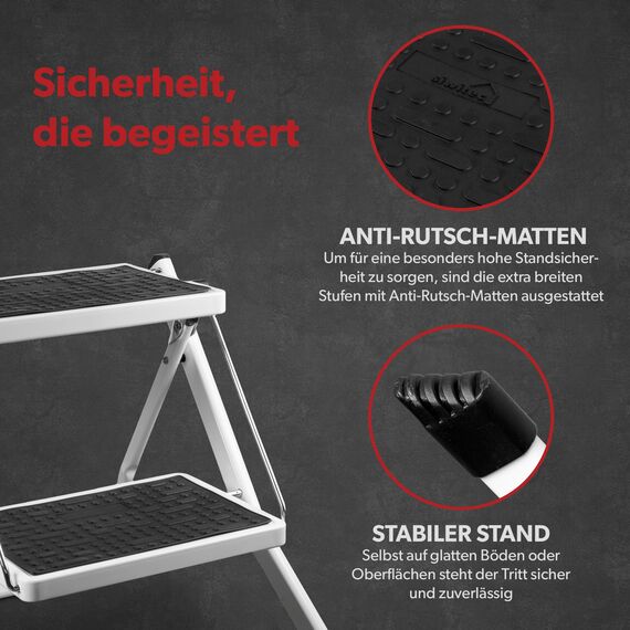siwitec Mini Klapptritt 2 Stufen, Faltbare Leiter, Tritthocker bis zu 150 kg belastbar, Trittleiter mit extra Breiten Stufen, Haushaltsleiter in Weiß aus Stahl, TÜV/GS Zertifiziert