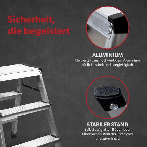 siwitec Trittleiter 2 x 3 Stufen, Alu Klapptritt, leichte Aluminium Leiter beidseitig begehbar, Haushaltsleiter bis 150 kg belastbar, Stufenleiter TÜV Zertifiziert, Aluleiter 3 Stufen