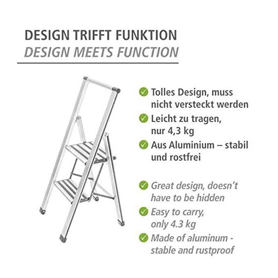 WENKO Leichte Aluminium Trittleiter mit 2 Stufen für 50 cm höheren Stand, rutschsichere XXL-Stufen, Design Klapptrittleiter, TÜV Süd Zertifiziert, 44 x 101 x 5,5 cm, Weiß