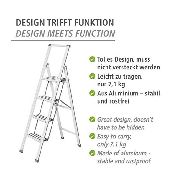 WENKO Leichte Aluminium Trittleiter mit 4 Stufen für 100 cm höheren Stand, rutschsichere XXL-Stufen, Design Klapptrittleiter, TÜV Süd Zertifiziert, 44 x 153 x 5,5 cm, Weiß