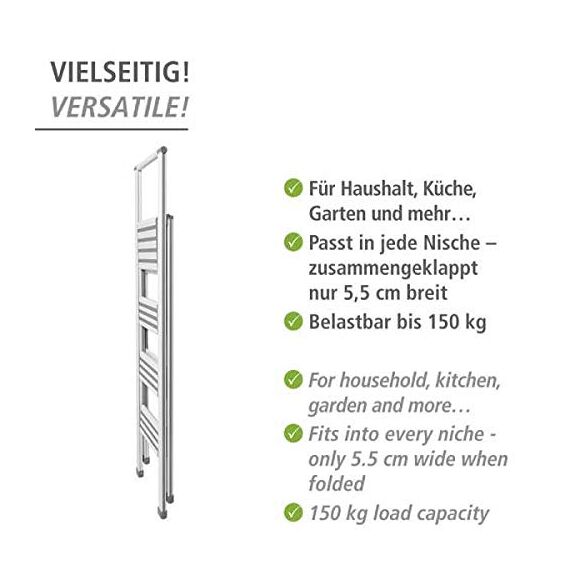 WENKO Leichte Aluminium Trittleiter mit 4 Stufen für 100 cm höheren Stand, rutschsichere XXL-Stufen, Design Klapptrittleiter, TÜV Süd Zertifiziert, 44 x 153 x 5,5 cm, Weiß