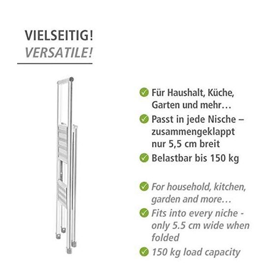 WENKO Leichte Aluminium Trittleiter mit 2 Stufen für 50 cm höheren Stand, rutschsichere XXL-Stufen, Design Klapptrittleiter, TÜV Süd Zertifiziert, 44 x 101 x 5,5 cm, Weiß