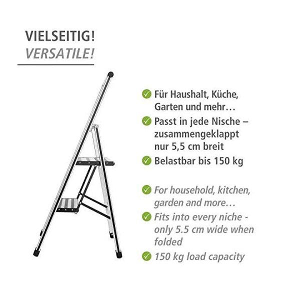 WENKO Leichte Aluminium Trittleiter mit 2 Stufen für 50 cm höheren Stand, rutschsichere XXL-Stufen, Design Klapptrittleiter, TÜV Süd Zertifiziert, 44 x 101 x 5,5 cm, Silber matt