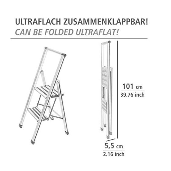 WENKO Leichte Aluminium Trittleiter mit 2 Stufen für 50 cm höheren Stand, rutschsichere XXL-Stufen, Design Klapptrittleiter, TÜV Süd Zertifiziert, 44 x 101 x 5,5 cm, Weiß