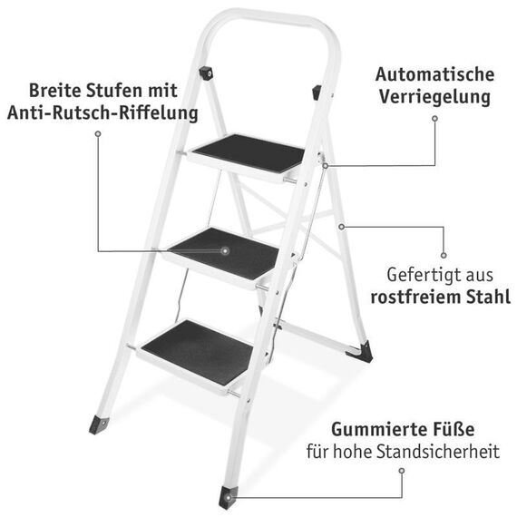 Lefeld 3-Stufige Trittleiter klappbar Klappstufen Klapptritt Stehleiter Leiter faltbar Tritthocker Trittbrett 300 x 200 mm, Belastbar bis 150 KG, ideal für Gewerbe und Haushalt, 613309