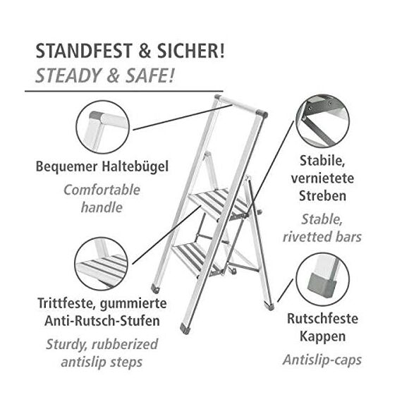 WENKO Leichte Aluminium Trittleiter mit 2 Stufen für 50 cm höheren Stand, rutschsichere XXL-Stufen, Design Klapptrittleiter, TÜV Süd Zertifiziert, 44 x 101 x 5,5 cm, Weiß