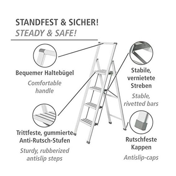 WENKO Leichte Aluminium Trittleiter mit 4 Stufen für 100 cm höheren Stand, rutschsichere XXL-Stufen, Design Klapptrittleiter, TÜV Süd Zertifiziert, 44 x 153 x 5,5 cm, Weiß