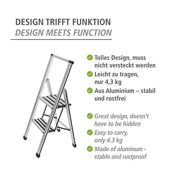 WENKO Leichte Aluminium Trittleiter mit 2 Stufen für 50 cm höheren Stand, rutschsichere XXL-Stufen, Design Klapptrittleiter, TÜV Süd Zertifiziert, 44 x 101 x 5,5 cm, Silber matt
