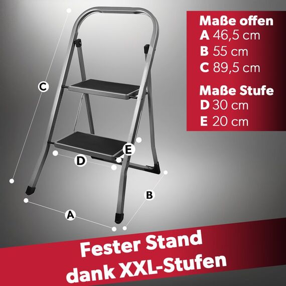 siwitec Trittleiter, Faltbare Leiter mit 2 Stufen, Klapptritt aus Stahl bis 150 kg belastbar, Tritthocker klappbar, TÜV/GS Zertifiziert, anthrazit
