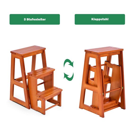 GOPLUS Leiterstuhl 3 Stufen, Tritthocker Klappbar, Hockerleiter aus Kiefernholz, Trittleiter Haushaltsleiter Holztreppen, Tragfähigkeit 130kg, Farbwahl (Natur)